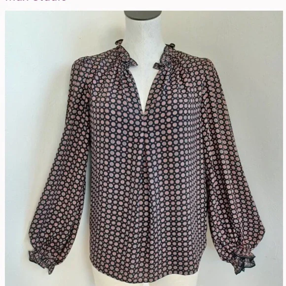 Max Studio Black Print Long Sleeve V Neck Popover Top - Picture 2 of 6